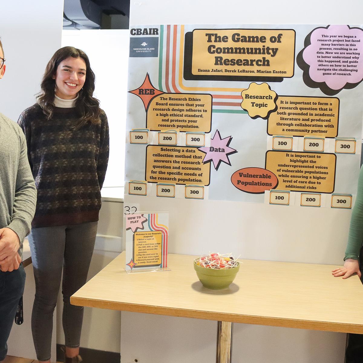 three people stand in front of a poster