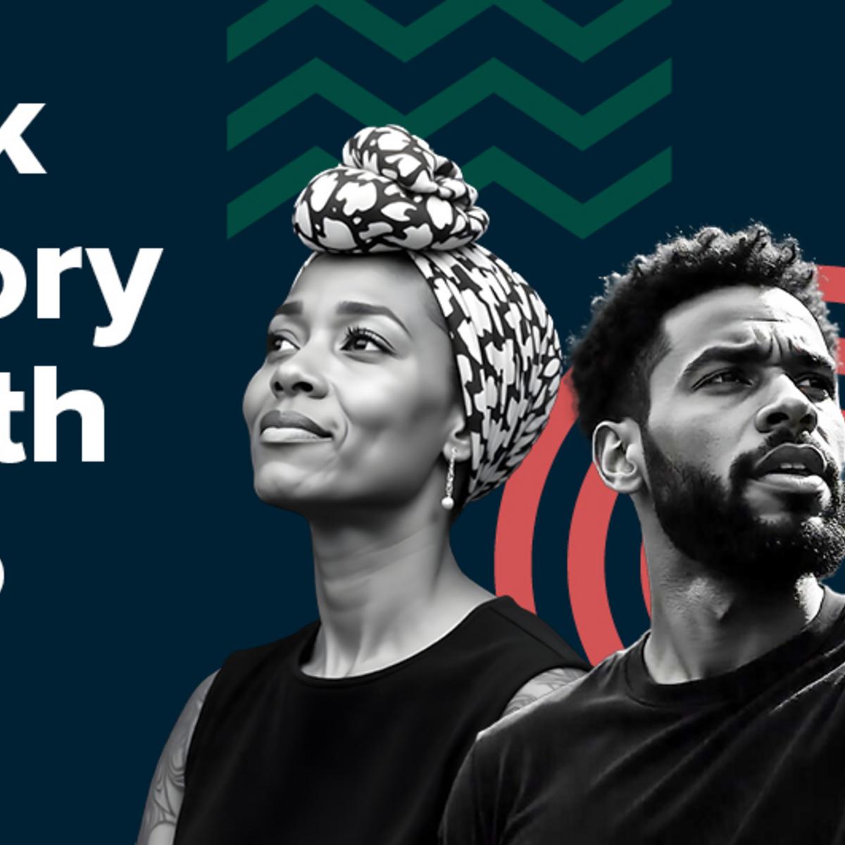 Black History Month 2026 with two Black individuals pictured, one with an arm raised