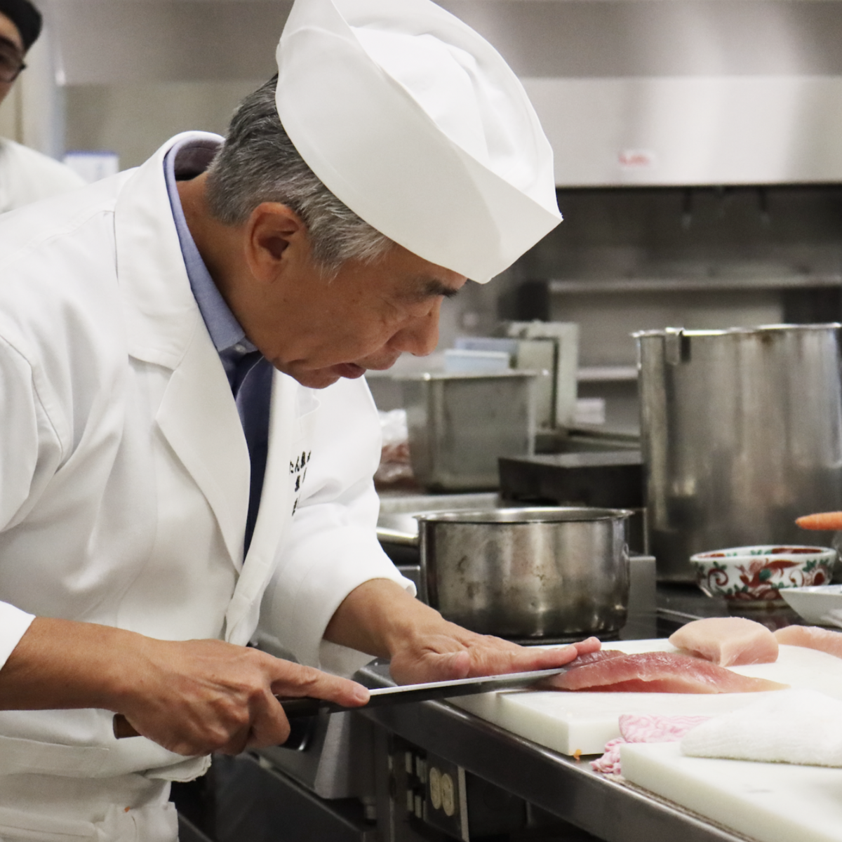 Visiting from Kyoto, Japan, Motoi Kurisu, Executive Chef at Arashiyama Kumahiko and President of Kumahiko Co. Ltd. gave a demonstration to VIU Culinary students this week to help celebrate the launch of the new certification.  Photo: Vancouver Island Univ