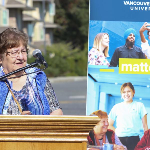 VIU Elder-in-Residence Stella Erasmus Johnson gives the welcome for the event. 