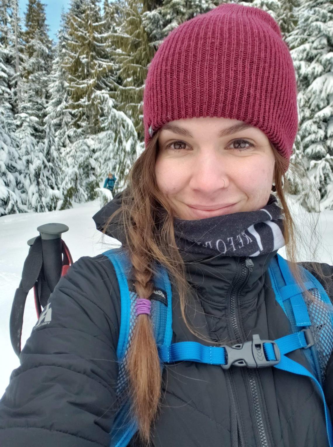 Chyanne out hiking in a snowy forest
