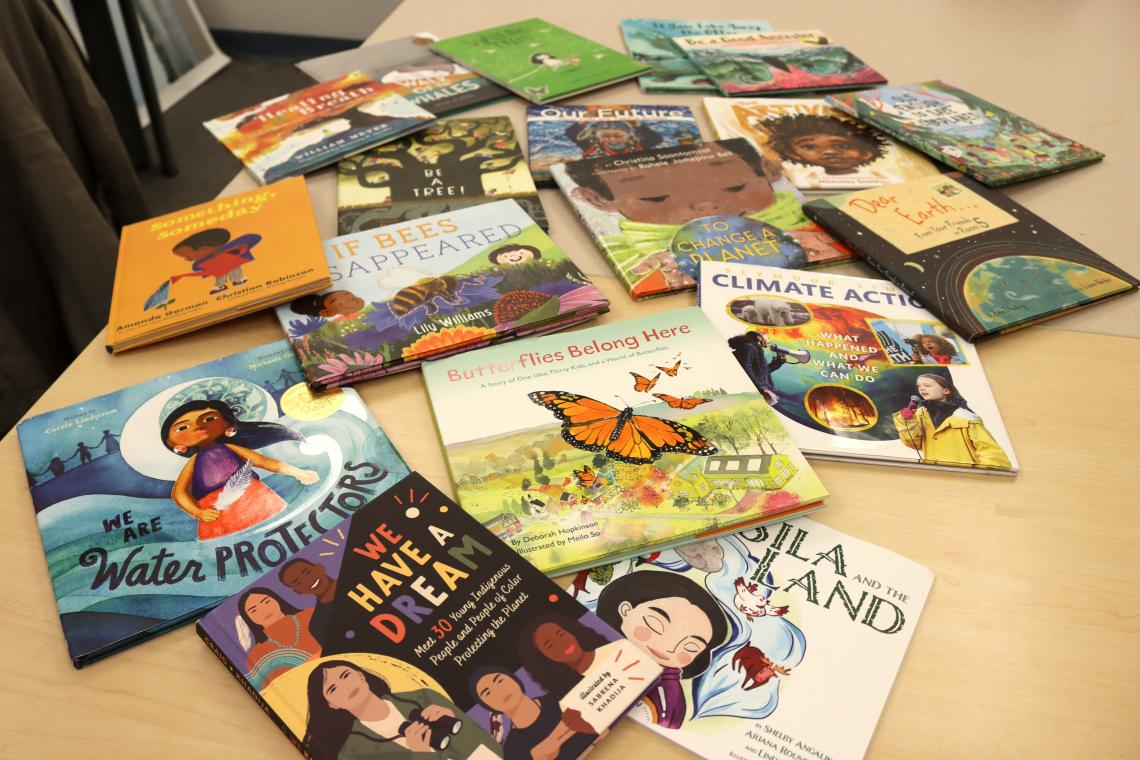 Childrens books about climate change spread out on a table