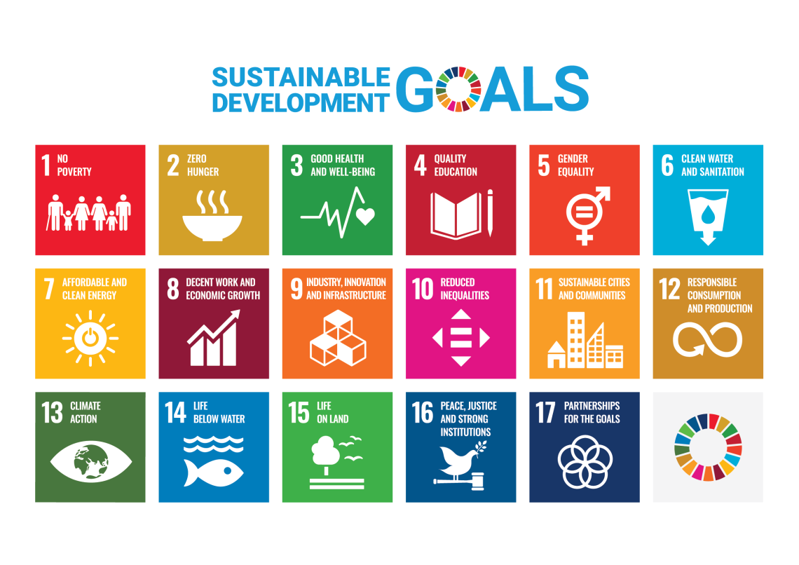 The 17 Sustainable Development Goals are laid out in a template, which names each one.