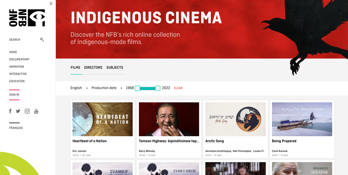 Screenshot of the Indigenous cinema homepage