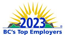The logo for the BC Top Employer award. It has a sun in the background with mountains in the middle ground and the year 2023 at the front