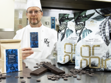 VIU Baking Instructor Ken Harper displays the new exclusive VIU chocolate product, known as Spindle Whorl.