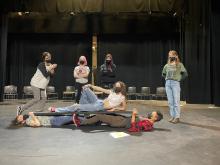 Six VIU students practice a scene onstage at Malaspina Theatre.