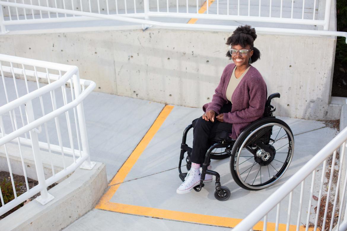 woman in a wheelchair on a ramp at VIU's Nanaimo campus