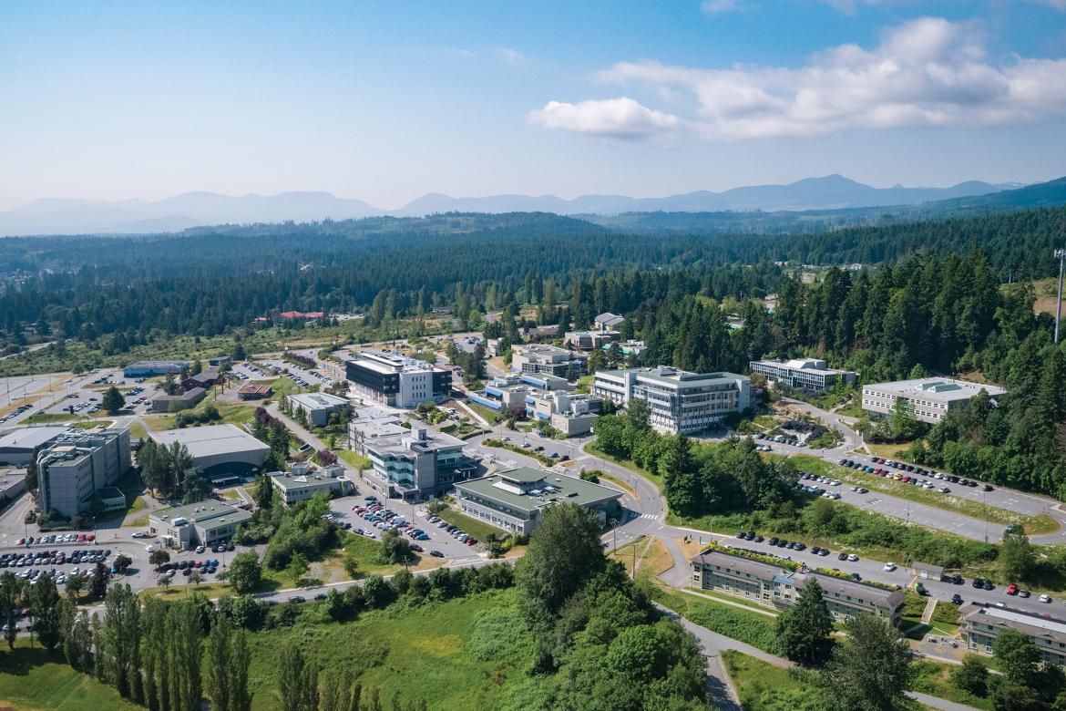 An aerial view of the Nanaimo campus on a sunny day with blue sky.