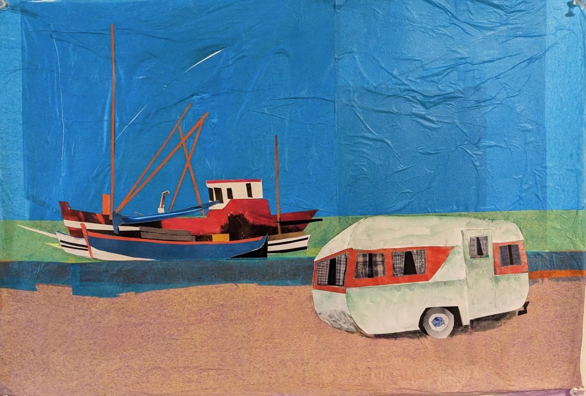 Mixed media painting of a red, white and dark blue boat with a trailer in front of it on the shoreline.