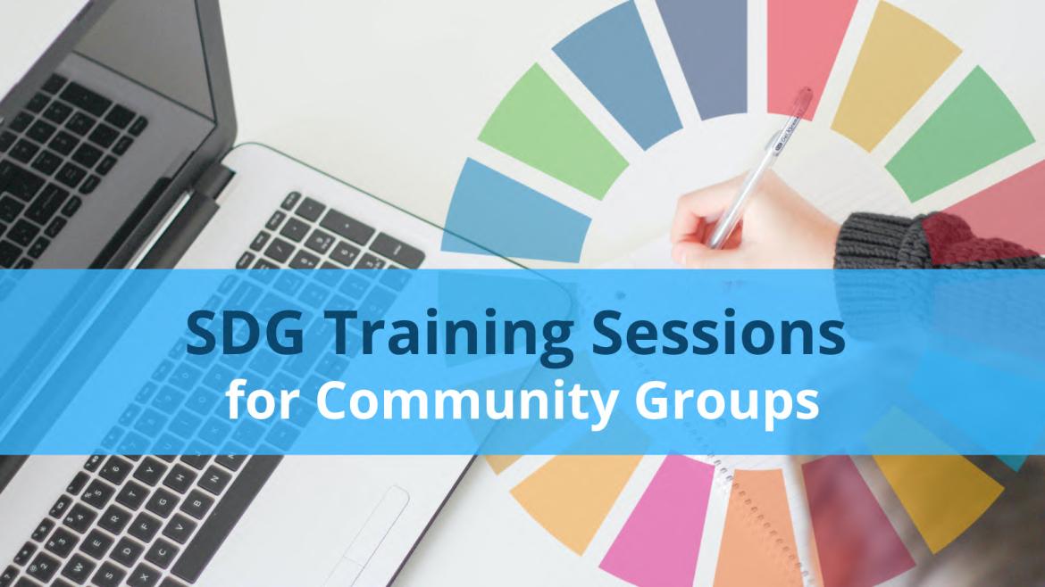 Graphic of laptop and colour wheel with the text, SDG Training Sessions for Community Groups.