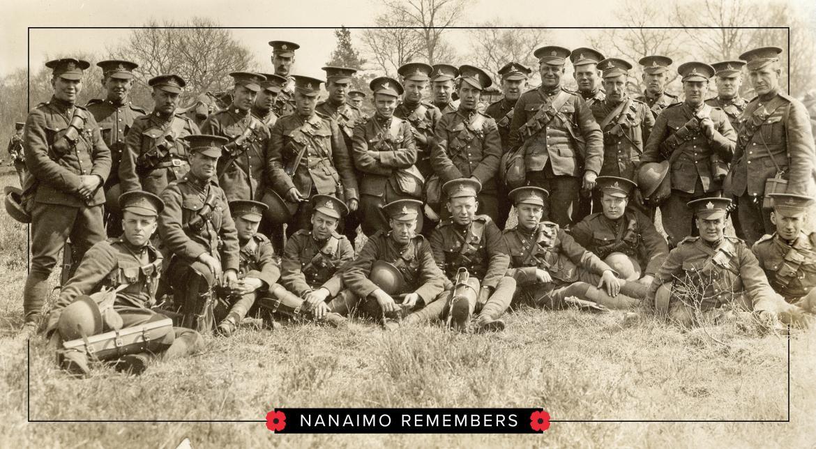 Group photo of WW1 soldiers with text that reads Nanaimo Remembers