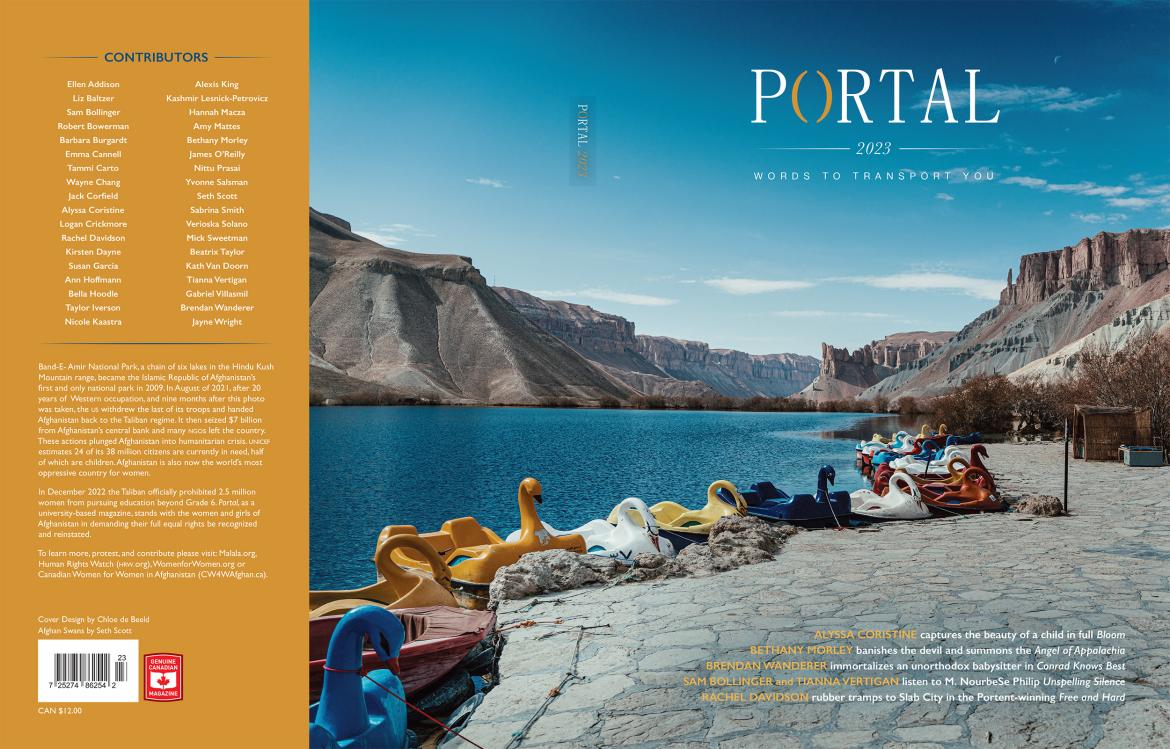 Portal cover. A list of contributor names runs along the left side and several multi-coloured swan boats line the shore of a lake with a mountain range in the background.