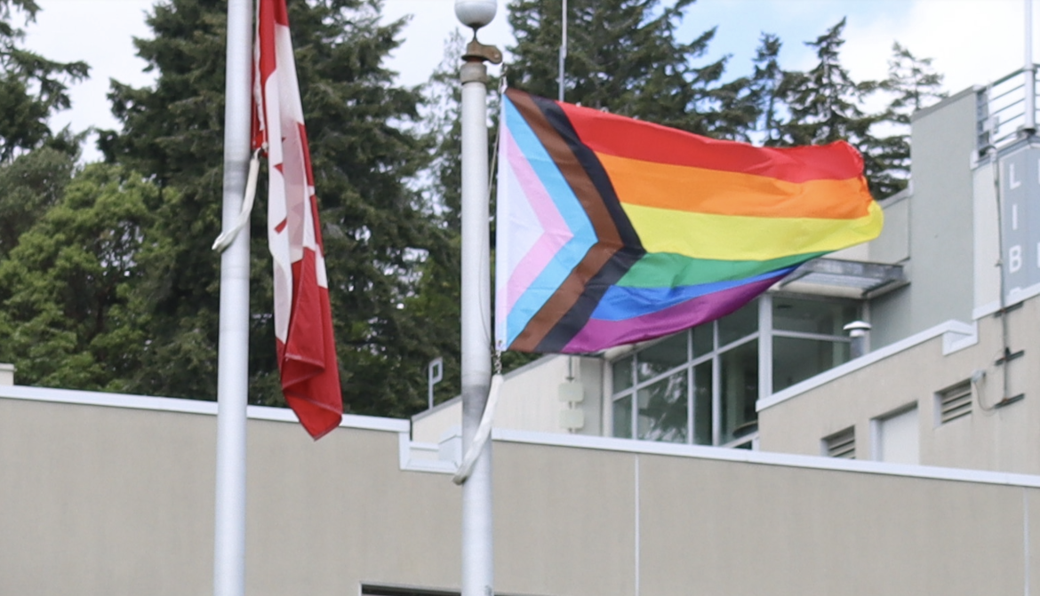 Two flagpoles side by side. One holds the Canada flag and the other the Pride flag.