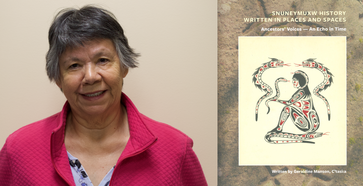 VIU Elder-in-REsidence Geraldine Manson and the cover of her new book
