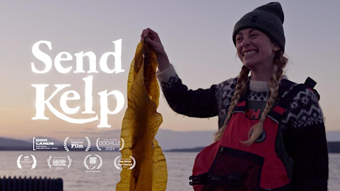 Frances Ward holds up seaweed and text across the image reads, Send Kelp