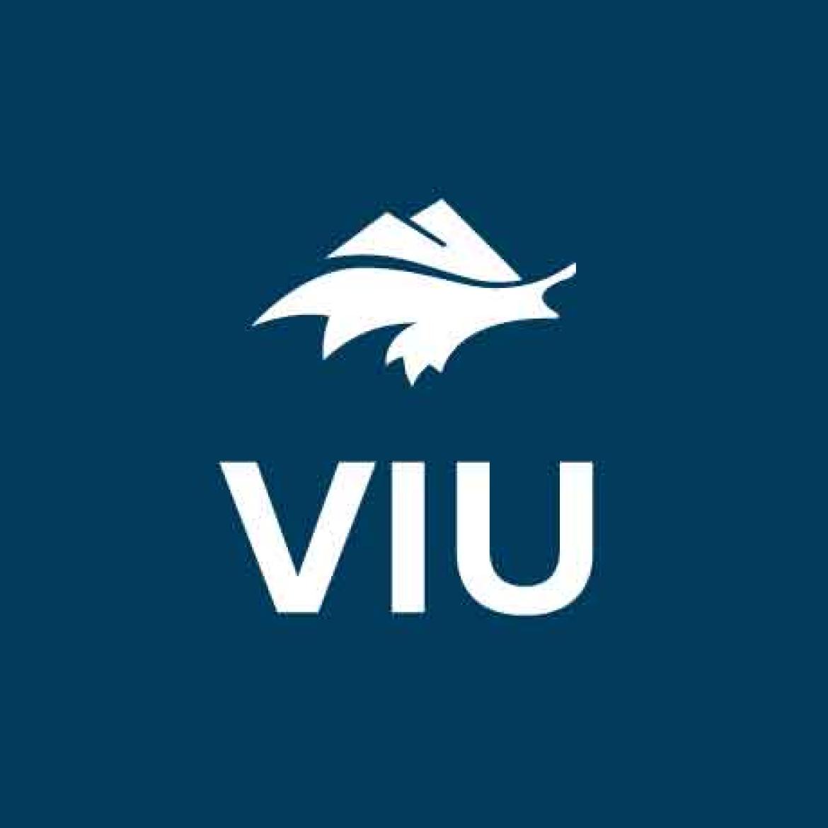 White lettering reading VIU on a dark blue background.