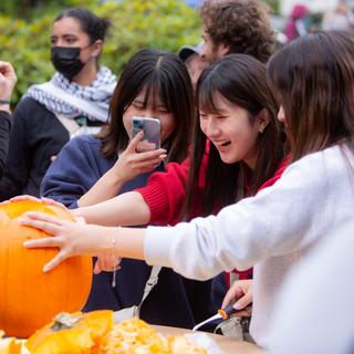 students carve a pumpkin
