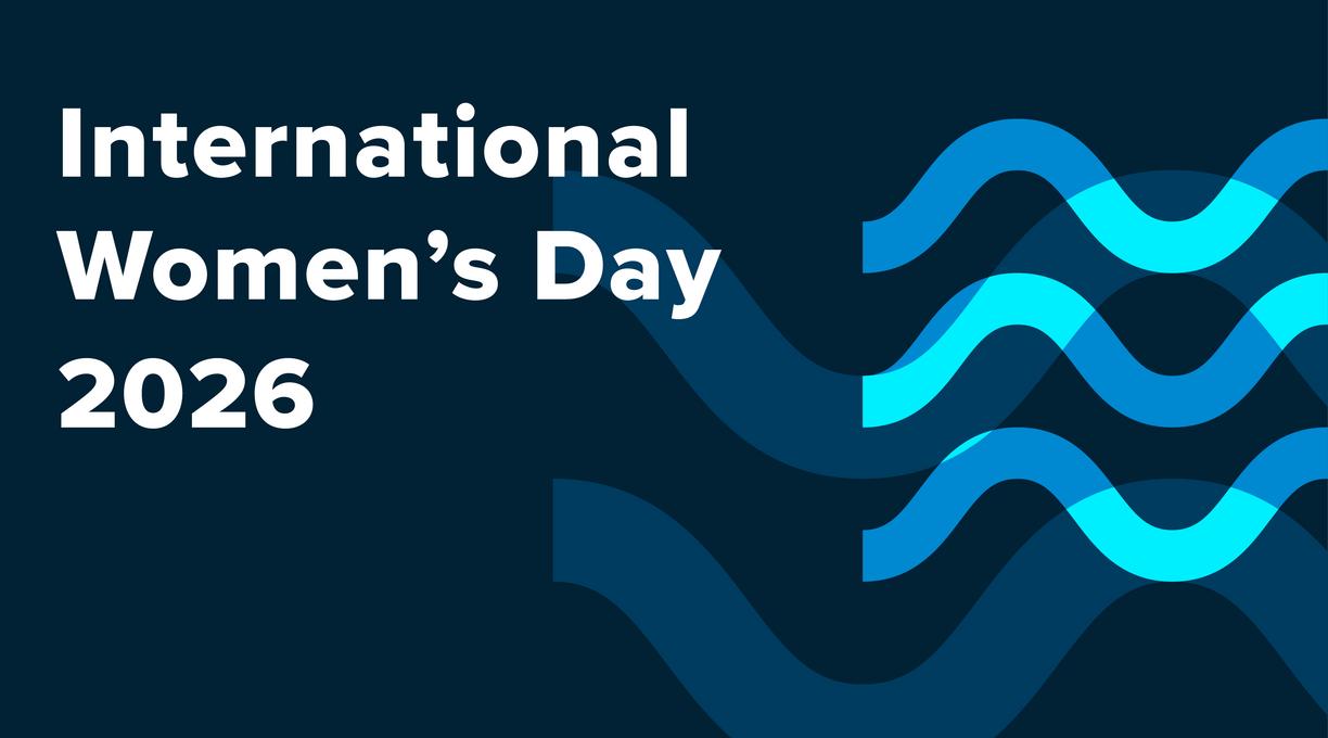 Waves imagery with International Women's Day written over top