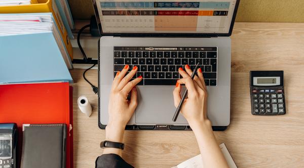 computer, hands typing, calculator