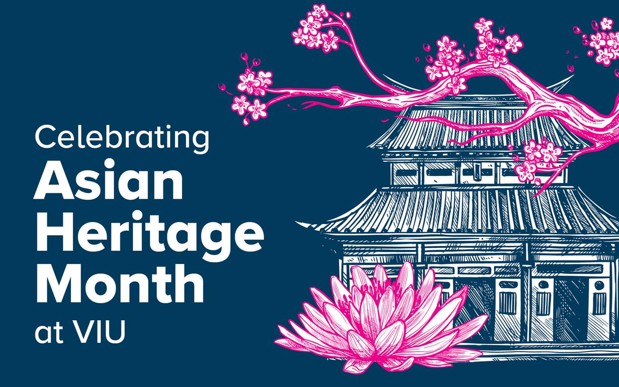 Graphic: text reads, Celebrating Asian Heritage Month at VIU on a blue background with a cherry blossom tree and building.
