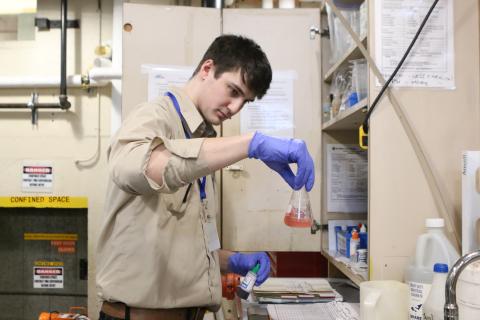 VIU first-year power engineering student, Eli Gaucher testing a water sample on his first practicum. VIU Aims to Fill a Shortage of Power Engineers.