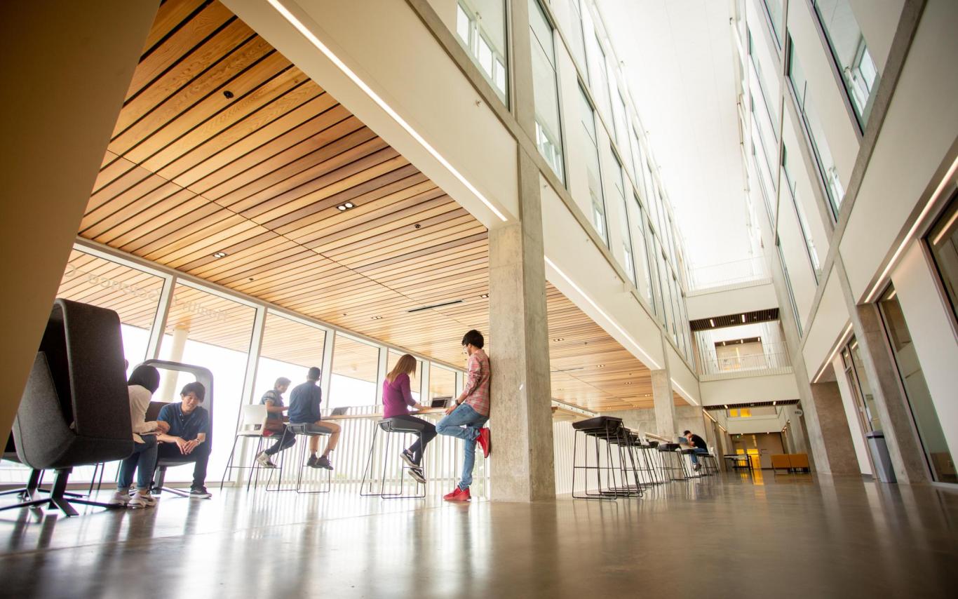 Group of students hang out in the Centre for Health and Science