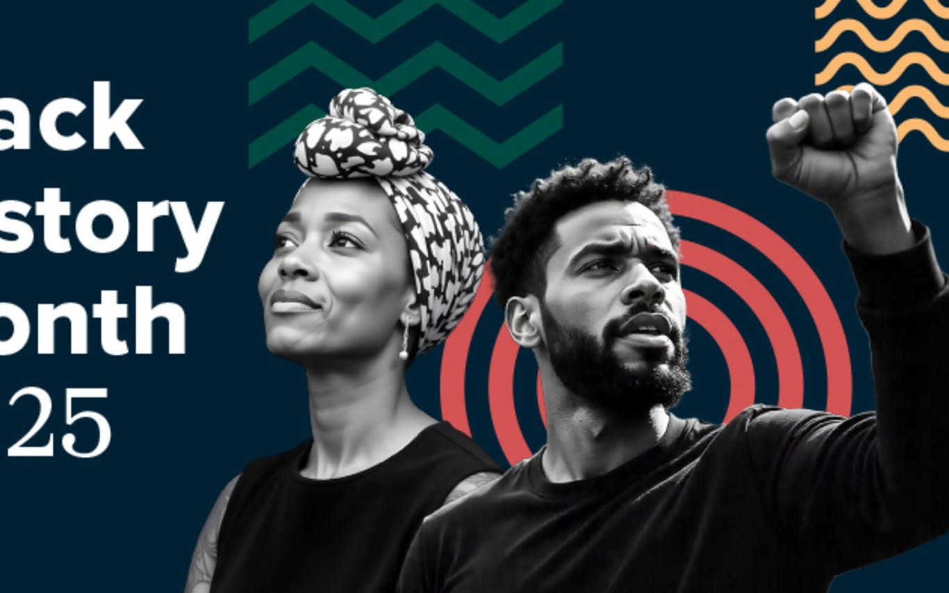 Graphic illustration: the text reads Black History Month 2025 with a Black woman looking skyward and a Black Man raising his fist to the sky.