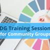 Graphic of laptop and colour wheel with the text, SDG Training Sessions for Community Groups.