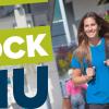 Rock VIU logo with girl walking with backpack